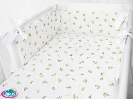 5 el.Pościel do łóżeczka 120x90 dwustronna "KOKARDKA" (zielone gałązki +biały gładki)